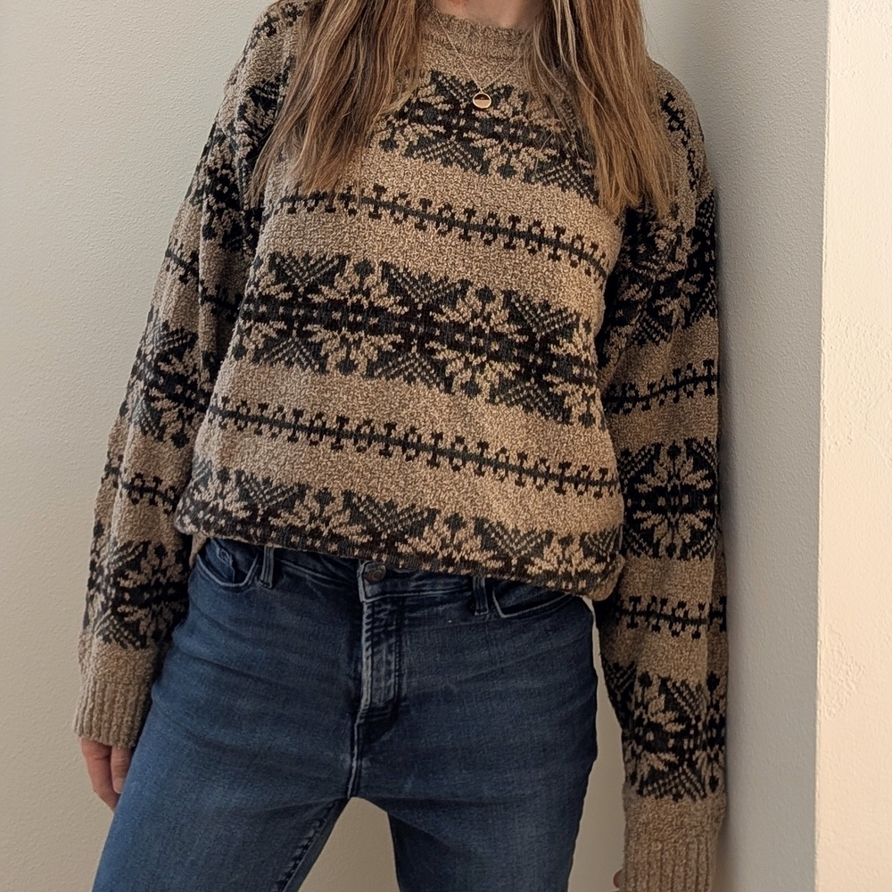 Vintage Fair Isle Abstract Geometric Patterned Crewneck Sweater In Oatmeal Tan